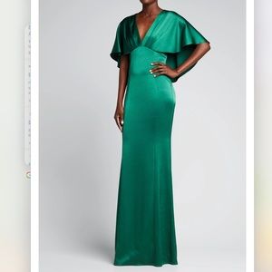 Rickie Freeman for Teri Jon Cape Empire Silky Satin Sheen Dress Emerald